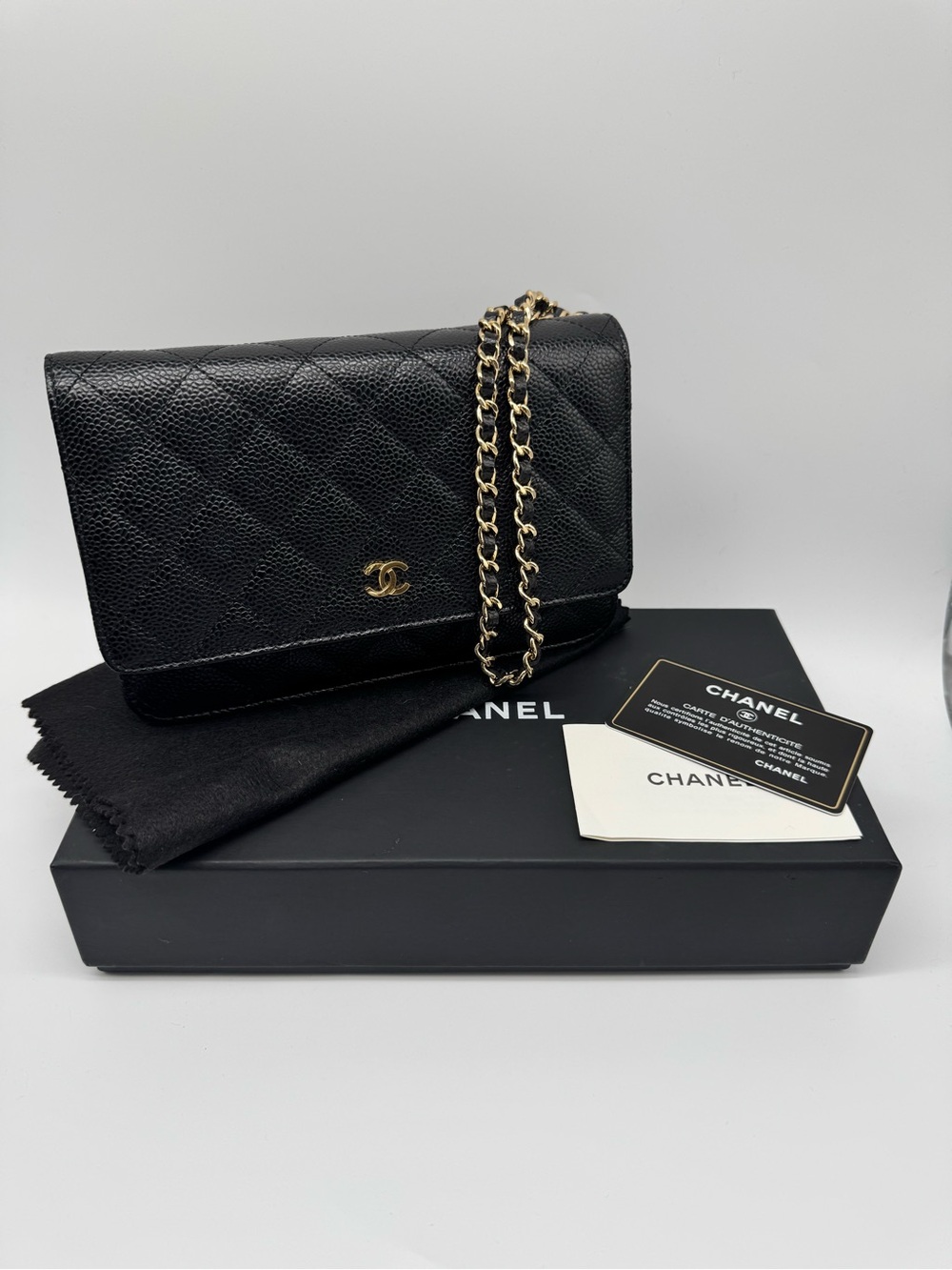 CHANEL Black Quilted Caviar Leather Crossbody with Gold Chain